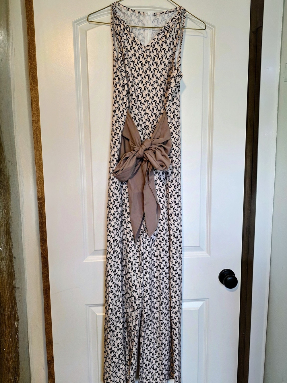 Sleeveless Printed Jumpsuit with Waist Bow - Beige